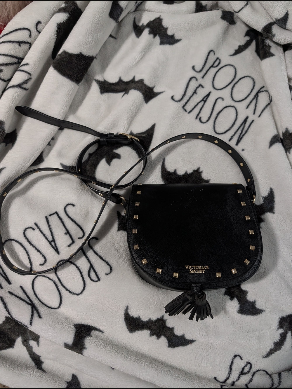 Victoria's Secret Black Stud-Trim Tassel Crossbody Bag